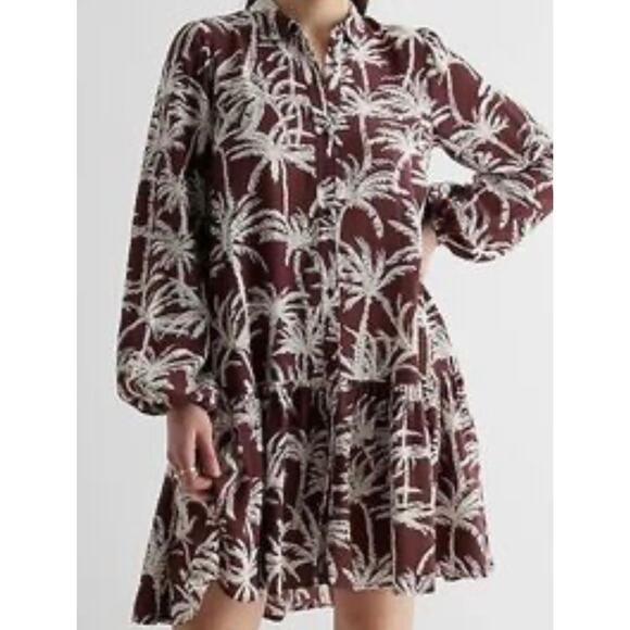 Express NWT Brown & white palm mini shirt dress Oversized flowy L/S tiered hem - Picture 1 of 12